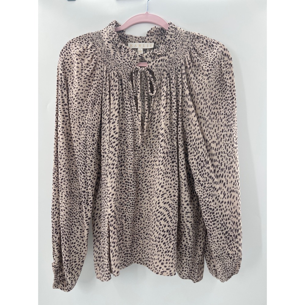 Karlie Womens Animal Print Smocked Ruffle Tie Neck Long Sleeve Blouse Small Tan